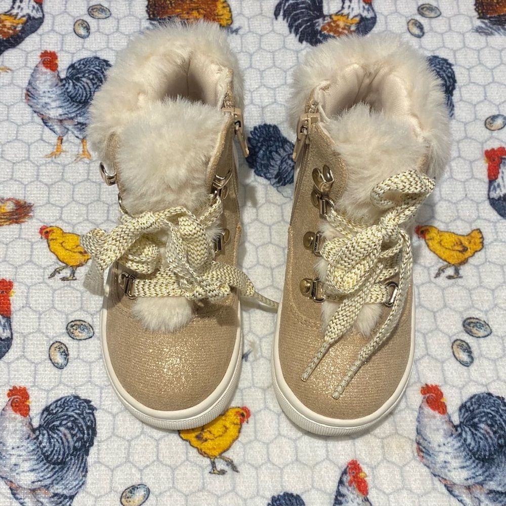 Cupcakes and Cashmere Faux fur shimmer gold high top sneaker